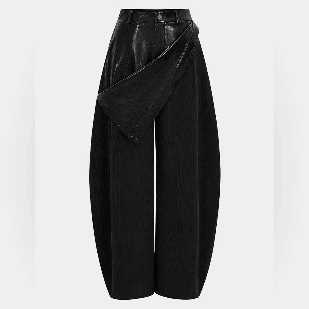 Black Wide-Leg Sculptural Overlay Pants